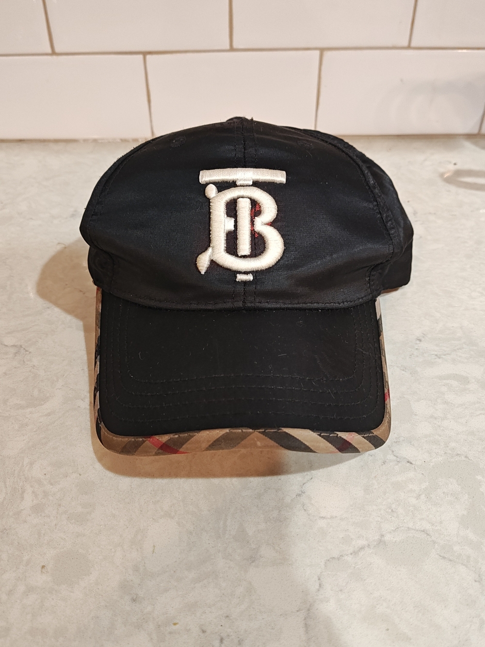 Burberry TB Monogram Baseball Cap Black Vintage Check Trim